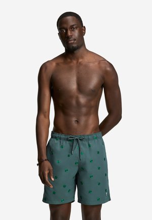 Muž bez košele oblečený v zelených plavkách s tmavozelenými motívmi ďateliny, stojaci pred jednoduchým svetlým pozadím.