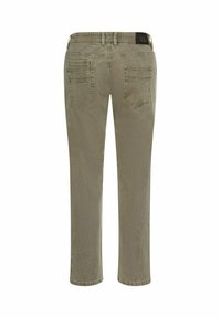Khaki jeans med lige snit, der har en glat overflade, tre baglommer og et mærke på taljebåndet.