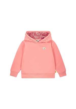 Rosa Hoodie mit einem Bärenpatch auf der Vorderseite, gemustertem Futter in der Kapuze, langen Ärmeln und einem gerippten Saum.