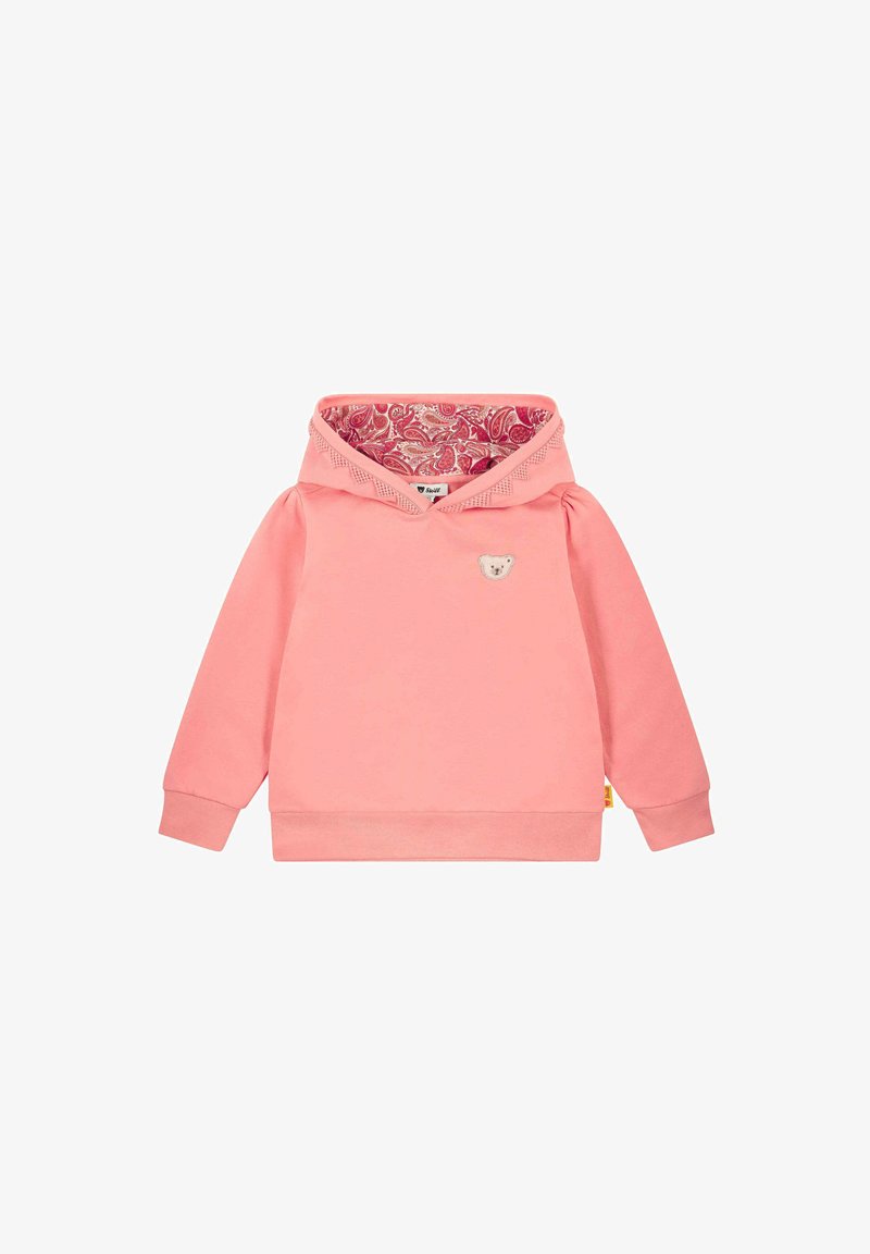 Felpa rosa con toppe a forma di orso sulla parte anteriore, foderatura a fantasia nel cappuccio, con maniche lunghe e orlo a coste.