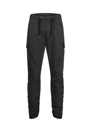Pantaloni jogger cargo neri con fascia elastica in vita e coulisse, tasche laterali con patta, dettagli arricciati sulle gambe inferiori e polsini elastici.
