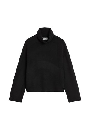 Black turtleneck sweater made of soft knit fabric, featuring long sleeves, a relaxed fit, and a folded collar with no visible patterns or accents.