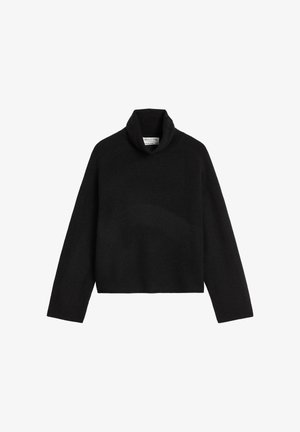 Schwarzer Rollkragenpullover aus weichem Strickstoff, mit langen Ärmeln, lässiger Passform und umgeschlagenem Kragen, ohne sichtbare Muster oder Akzente.