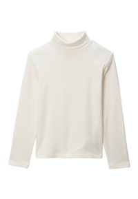 Haut à col roulé blanc à manches longues, fabriqué dans un tissu doux et extensible avec une coupe ajustée. Il présente un col haut et des lignes épurées et simples.