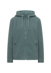 Veste à capuche en polaire dans un bleu-vert atténué. Elle présente une fermeture éclair intégrale, des cordons de serrage ajustables et deux poches latérales zippées. Texture douce, coupe décontractée.
