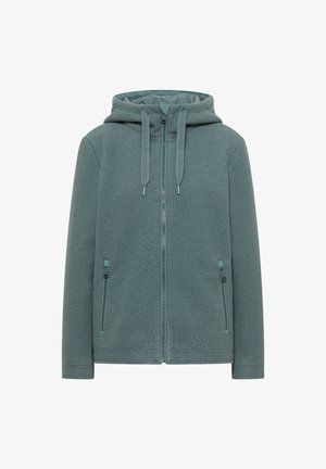 Fleece hoodie in gedempt teal. Heeft een volledige rits, verstelbare koordjes en twee ritszakken aan de zijkant. Zachte textuur, ontspannen pasvorm.