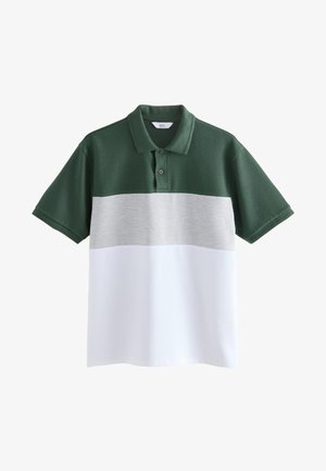 Vihreä, harmaa ja valkoinen väreissä oleva poolopaita, jossa on kaulus, kaksi nappia, lyhyet hihat ja teksturoiduista kankaasta valmistettu materiaali.