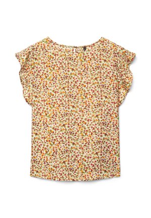 Damenbluse mit kurzen Ärmeln und kleinem Blumenmuster in Orange, Rot und Grün auf weißem Hintergrund, mit rundem Ausschnitt und Schlitz mit Knopfverschluss.