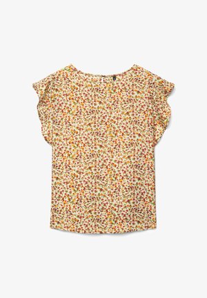 Damenbluse mit kurzen Ärmeln und kleinem Blumenmuster in Orange, Rot und Grün auf weißem Hintergrund, mit rundem Ausschnitt und Schlitz mit Knopfverschluss.