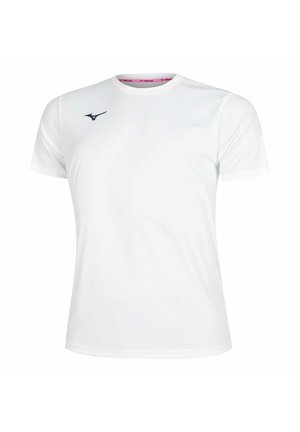 Weißes Sport-T-Shirt mit kurzen Ärmeln, Rundhalsausschnitt und kleinem schwarzem Mizuno-Logo auf der rechten Brustseite.