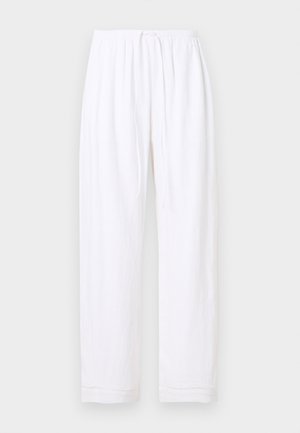 White linen drawstring pants with elastic waistband and straight legs on a plain white background.