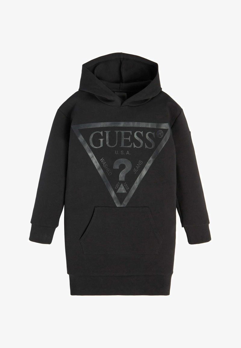 Fekete kapucnis pulóver elülső zsebbel, sötétebb árnyalatú, nagy háromszög alakú grafikai logóval. Puha anyagból készült, hosszú ujjal.