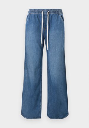 Μπλε τζιν παντελόνι με φαρδύ πόδι, ελαστική μέση και λευκό κορδόνι, μπροστινές τσέπες και γαζωμένη ρεβέρ.