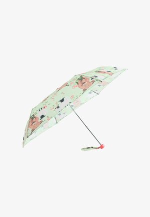 Light green compact umbrella with pink flowers and orangutan faces, metal shaft, and pink handle with matching strap.