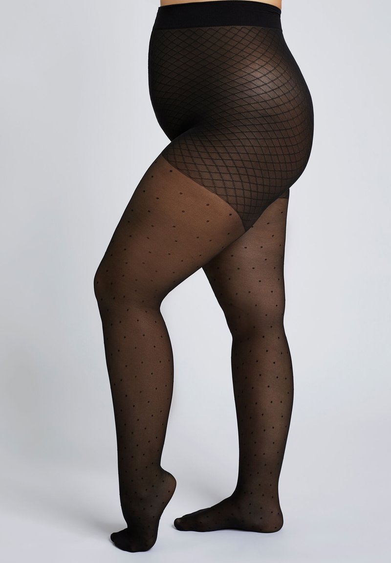 Schwarze Netzstrumpfhosen mit einem Rautenmuster oben und Punkten am Unterschenkel. Weicher Stoff und figurbetontes Design, nahtloses Bündchen an der Taille.