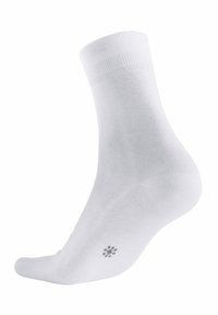 Weiße Baumwollknöchelsocke mit einem strukturierten, gerippten Bund und einem kleinen grauen Muster an der Sohle. Glatte Oberfläche und taillierte Form.