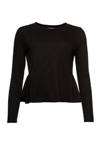 Mustapaita, jossa on pitkät hihat ja tekstuurinen kangas, pyöreä kaula-aukko sekä levenevä, poimutettu muotoilu vyötäröllä.