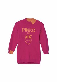Maglione rosa con accenti arancioni, caratterizzato da testo "PINKO UP ITALIA" e grafiche a stella. Tessuto a maglia, polsini e orlo a coste, vestibilità rilassata.