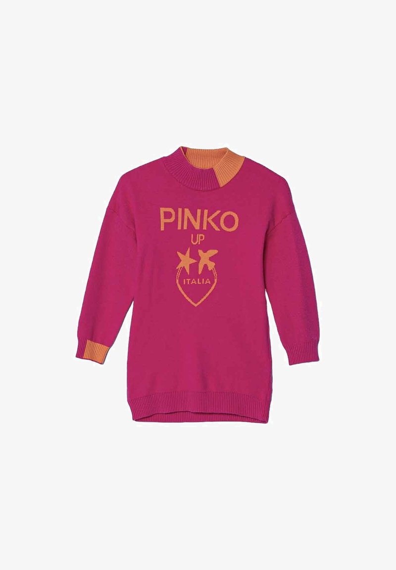 Maglione rosa con accenti arancioni, caratterizzato da testo "PINKO UP ITALIA" e grafiche a stella. Tessuto a maglia, polsini e orlo a coste, vestibilità rilassata.