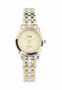 Zilverkleurig en goudkleurig roestvrijstalen horloge met een ronde crèmekleurige wijzerplaat, gouden accenten en waterbestendige functies. De band bestaat uit afwisselende schakels.