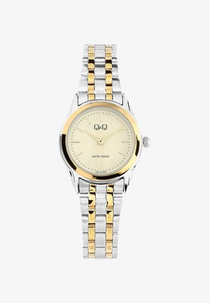 Silberne und vergoldete Edelstahl-Uhr mit einem runden cremefarbenen Zifferblatt, goldenen Akzenten und wasserabweisenden Eigenschaften. Das Armband besteht aus abwechselnd gestalteten Gliedern.