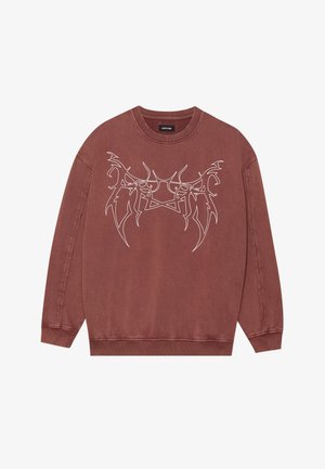 Bordeauxrotes Sweatshirt aus Baumwolle mit einem weißen Grafikdesign auf der Vorderseite. Der Ausschnitt ist rund, mit gerippten Bündchen und Saum.