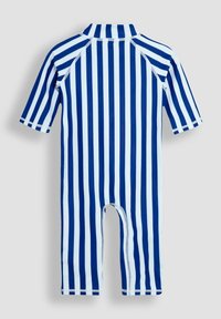 Une combinaison de plongée à manches courtes rayée bleue et blanche avec un col montant, un design sans coutures et des jambes découpées pour plus de liberté de mouvement.