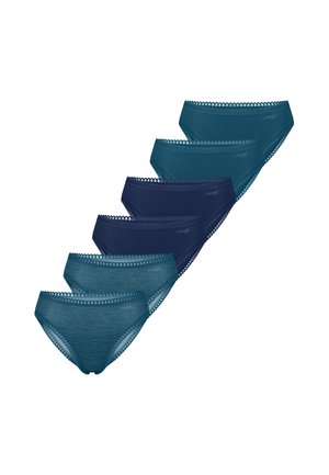 Six women's briefs in dark blue and teal shades with lace trim, arranged in a staggered stack.
