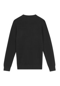 Maglione nero con maniche lunghe, scollo rotondo e polsini a coste. Tessuto liscio, design minimalista senza motivi o dettagli visibili.