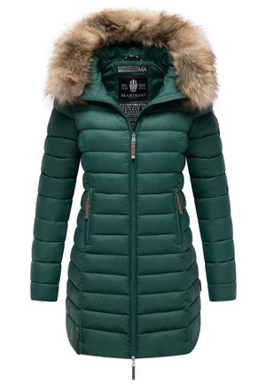 Roheline puffer-jakk, mis on varustatud faux karvahüübiga, tikitud disainiga, lukuga kinnitusega ja küljetaskutega. Omab nööpe ja pruunide aktsente.