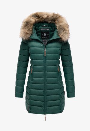 Grön puffjacka med huva av konstpäls, kviltad design, dragkedja och sidofickor. Har snoddar och bruna detaljer.