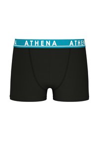 Boxer-briefs noirs pour hommes avec une ceinture teal portant le mot "ATHENA" en blanc. Le tissu semble lisse et ajusté.