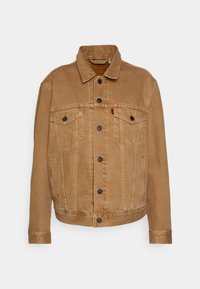 Chaqueta de mezclilla marrón con cuello, dos bolsillos en el pecho y cierres de botón. Presenta una textura ligeramente desgastada y un ajuste recto.