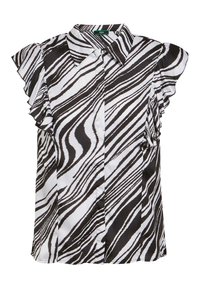 Blouse à manches courtes en satin lisse, présentant un imprimé zèbre noir et blanc ondulé, un col et des accents volantés aux épaules.