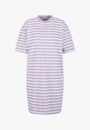 Breites kurzärmliges T-Shirt-Kleid in helllila mit weißen horizontalen Streifen, mit rundem Ausschnitt und lockerer Passform. Weiche Stofftextur.