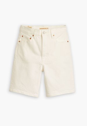 White denim shorts with a high waist, five pockets, and copper rivets. Features a sturdy fabric and a clean, straight cut.