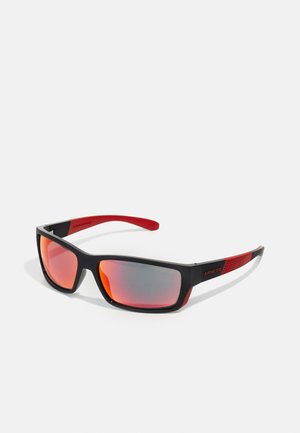 Black sunglasses with red accents and textured arms, featuring reflective gradient lenses and a rectangular shape. Designed for sporty use.