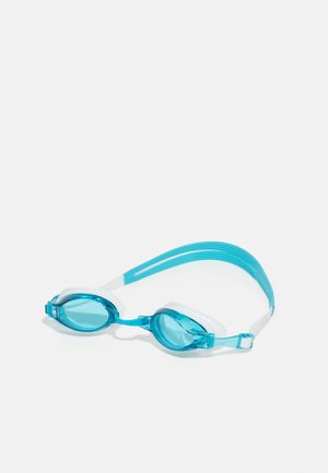 Svømmebriller med transparente lysblå linser, en klar plastikramme og en hvid silikonesnor. Har subtil tekstur på snoren.