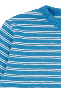 Maglione in maglia blu con strisce bianche orizzontali. Collo rotondo con texture a costine. Tessuto morbido, vestibilità casual, adatto per l'uso quotidiano.