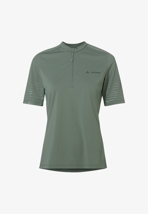 Maillot de cyclisme manches courtes vert olive avec une fermeture éclair frontale et des rayures texturées subtiles sur les manches, marqué du logo "Vaude" sur la poitrine.