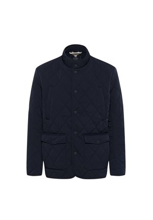 Marineblauwe gewatteerde jas met een staande kraag, twee voorste drukknopen en een knoopsluiting. Soepele textuur met een geometrisch patroon.