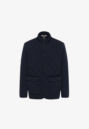 Jūreivio mėlyna siuvinėta striukė su stovinčiu apykakle, dviem priekinėmis spaudėmis kišenėmis ir sagų užsegimu. Lygus paviršius su geometriniu raštu.