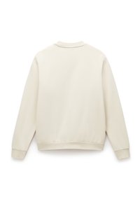 Creme-kleurige sweatshirt met lange mouwen, ribbels bij de manchetten, zoom en halslijn, weergegeven vanuit de achterkant op een witte achtergrond.