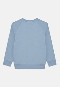 Sweatshirt bleu clair avec manches raglan, poignets et ourlet côtelés. Texture lisse, sans motifs ni impressions, design minimaliste. Vue arrière plain.