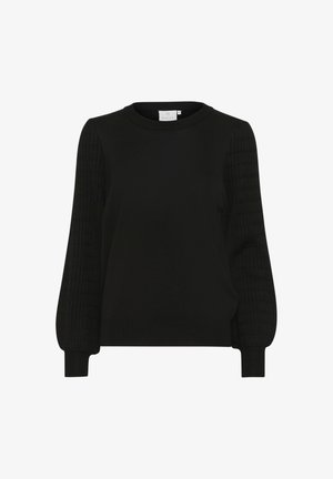 Juodas megztinis, pasižymintis lygiu kūnu, tekstūruotomis, raukšlėtomis rankovėmis ir apvalia iškirpte. Apdailos kraštai užbaigia dizainą.