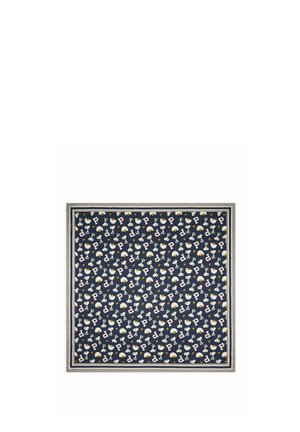 Marineblaues quadratisches Halstuch mit Muster aus kleinen weißen Comic-Hunden, gelben Bienen und hellrosa Buchstabe P, eingerahmt von grau-weißen Streifen.