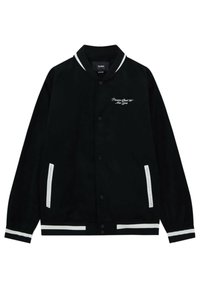 Black jacket with a button-up front, white stripes on the collar and sleeves, and side pockets. Features embroidery on the chest.