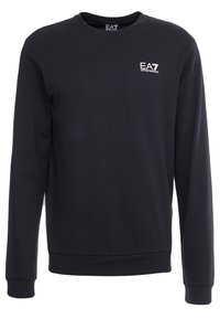 Sudadera de algodón negra con mangas largas, cuello redondo, puños y dobladillo acanalados. Presenta un pequeño logo blanco de EA7 en la parte superior izquierda del pecho.