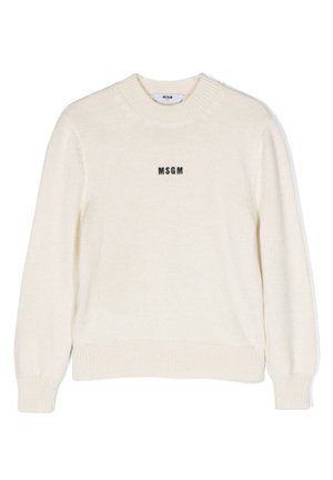 Maglione in lana crema con collo a girocollo a coste, maniche lunghe e logo "MSGM" nero sul petto. Texture morbida con una vestibilità casual.