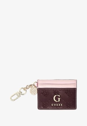 Portefeuille marron et rose en cuir synthétique, avec des motifs floraux embossés, des accessoires en or et un porte-clés détachable.